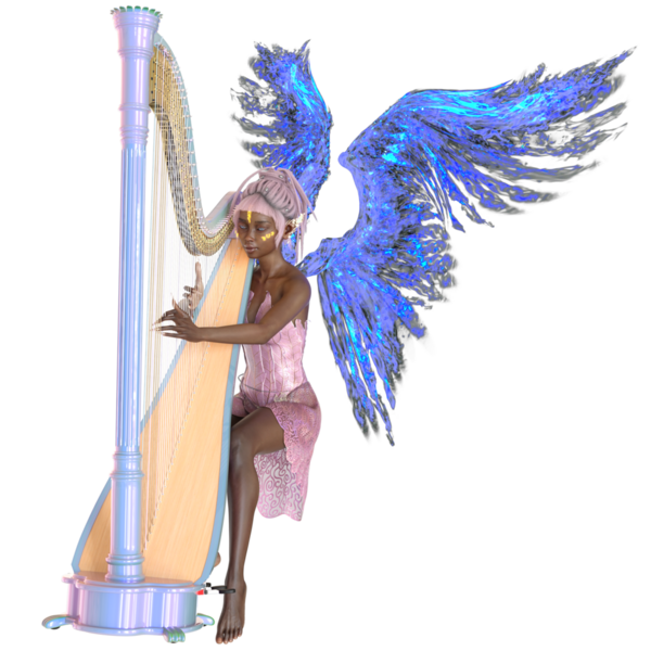 Arp çalan mavi neon kanatlı 3 boyutlu hayali siber peri şeffaf arka planda izole edilmiş.