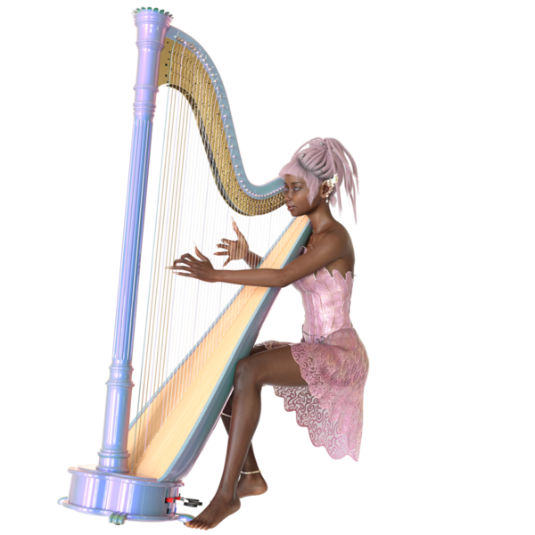 3 boyutlu, pembe elbiseli, pembe saçlı, şeffaf arp çalan bir fantezi perisi.