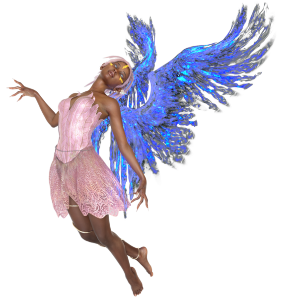 Pembe elbiseli ve şeffaf arkaplanda izole edilmiş mavi neon kanatlı 3D hazırlanmış peri.