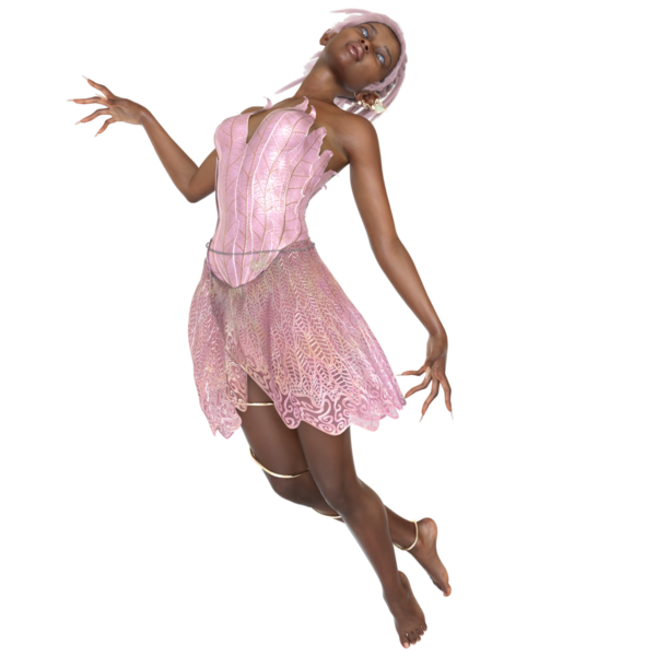 3 boyutlu, pembe elbiseli, şeffaf arka planda pembe saçlı güzel bir dişi peri.