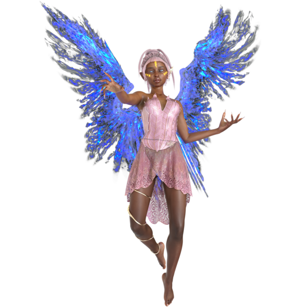 Pembe elbiseli ve şeffaf arkaplanda izole edilmiş mavi neon kanatlı 3D hazırlanmış peri.