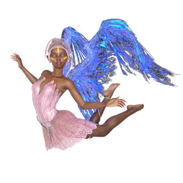 Pembe elbiseli ve şeffaf arkaplanda izole edilmiş mavi neon kanatlı 3D hazırlanmış peri.
