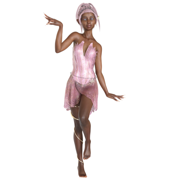 3 boyutlu, pembe elbiseli, şeffaf arka planda pembe saçlı güzel bir dişi peri.