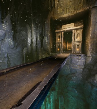 Bir yeraltı mağarası tapınağı ile üç boyutlu arkaplan görüntüsü oluşturuldu 