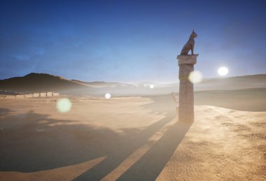 Üç boyutlu fantezi çöl tapınağı sisli bir ortamda harabe haline geldi. 