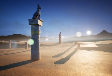 Üç boyutlu fantezi çöl tapınağı sisli bir ortamda harabe haline geldi. 