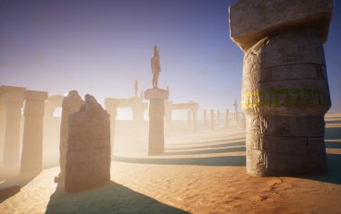 Üç boyutlu fantezi çöl tapınağı sisli bir ortamda harabe haline geldi. 