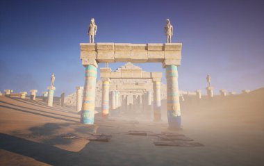 Üç boyutlu fantezi çöl tapınağı sisli bir ortamda harabe haline geldi. 