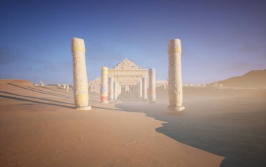 Üç boyutlu fantezi çöl tapınağı sisli bir ortamda harabe haline geldi. 