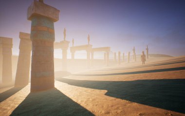 Üç boyutlu fantezi çöl tapınağı sisli bir ortamda harabe haline geldi. 