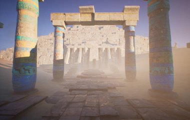 Üç boyutlu fantezi çöl tapınağı sisli bir ortamda harabe haline geldi. 