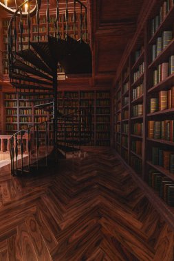 Kitap rafları ve tuhaf mimarisi olan görkemli klasik bir kütüphanenin 3 boyutlu iç tasarımı  