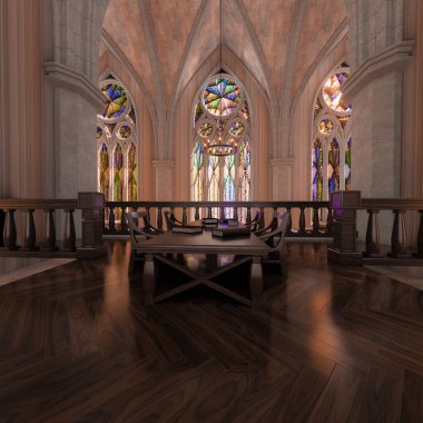 Kitap rafları ve tuhaf mimarisi olan görkemli klasik bir kütüphanenin 3 boyutlu iç tasarımı  