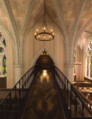 Kitap rafları ve tuhaf mimarisi olan görkemli klasik bir kütüphanenin 3 boyutlu iç tasarımı  