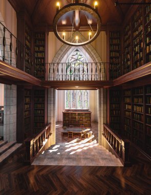 Kitap rafları ve tuhaf mimarisi olan görkemli klasik bir kütüphanenin 3 boyutlu iç tasarımı  
