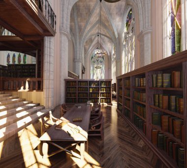 Kitap rafları ve tuhaf mimarisi olan görkemli klasik bir kütüphanenin 3 boyutlu iç tasarımı  