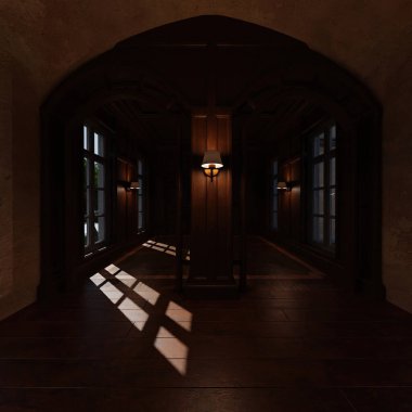 Geceleri büyük pencereli boş bir klasik villanın içi 3 boyutlu. 
