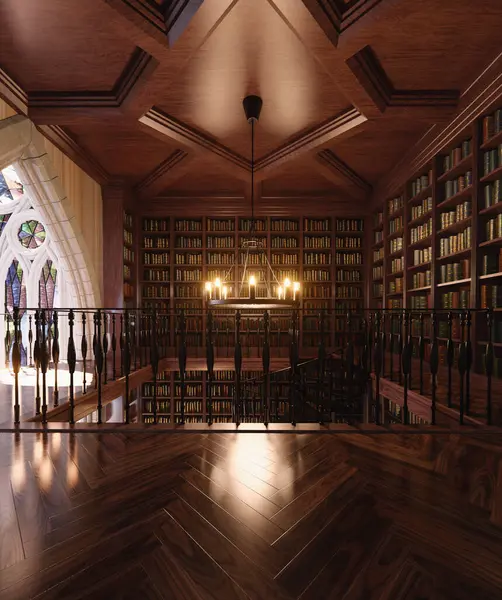 Kitap rafları ve tuhaf mimarisi olan görkemli klasik bir kütüphanenin 3 boyutlu iç tasarımı  