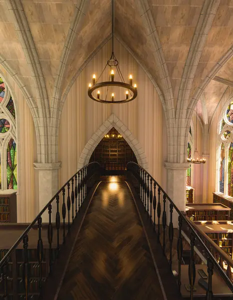 Kitap rafları ve tuhaf mimarisi olan görkemli klasik bir kütüphanenin 3 boyutlu iç tasarımı  