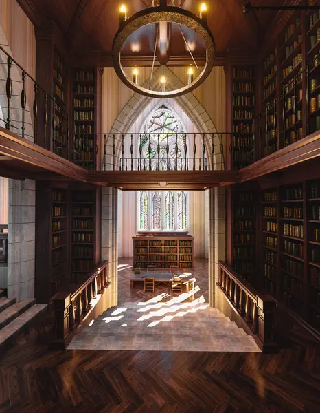 Kitap rafları ve tuhaf mimarisi olan görkemli klasik bir kütüphanenin 3 boyutlu iç tasarımı  