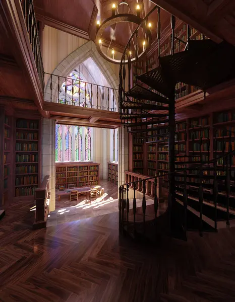 Kitap rafları ve tuhaf mimarisi olan görkemli klasik bir kütüphanenin 3 boyutlu iç tasarımı  