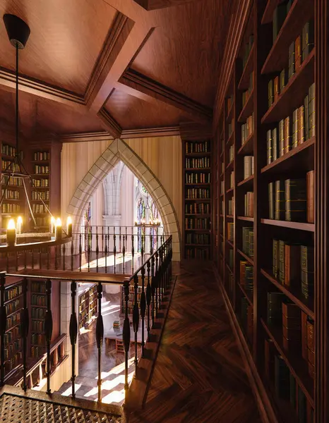 Kitap rafları ve tuhaf mimarisi olan görkemli klasik bir kütüphanenin 3 boyutlu iç tasarımı  