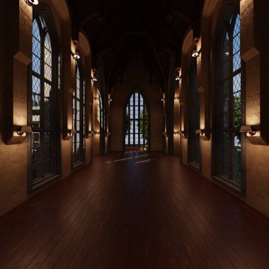 Geceleri büyük pencereli boş bir klasik villanın içi 3 boyutlu. 