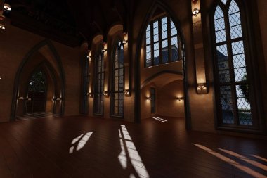 Geceleri büyük pencereli boş bir klasik villanın içi 3 boyutlu. 