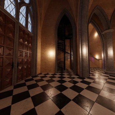 Geceleri büyük pencereli boş bir klasik villanın içi 3 boyutlu. 