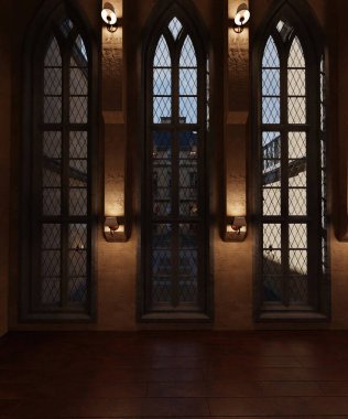 Geceleri büyük pencereli boş bir klasik villanın içi 3 boyutlu. 