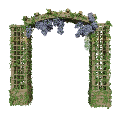 3D işlemeli ahşap bahçe kapısı. Çiçekler ve şeffaf arka planda izole edilmiş bitkilerle dolu.