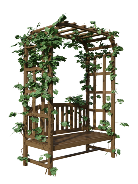 Şeffaf arkaplanda bitkiler bulunan 3 boyutlu ahşap bir bank.