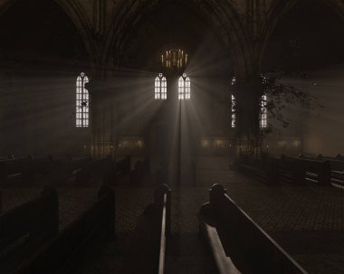 Eski boş bir gotik kilisenin 3D çizimi