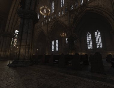 Eski boş bir gotik kilisenin 3D çizimi