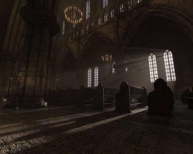 Eski boş bir gotik kilisenin 3D çizimi