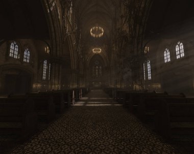 Eski boş bir gotik kilisenin 3D çizimi