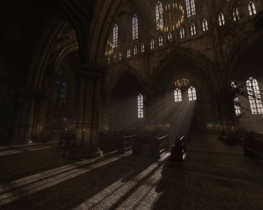 Eski boş bir gotik kilisenin 3D çizimi