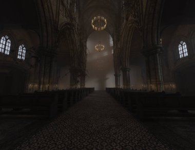 Eski boş bir gotik kilisenin 3D çizimi