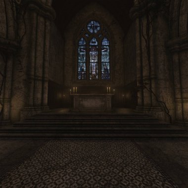 Eski boş bir gotik kilisenin 3D çizimi