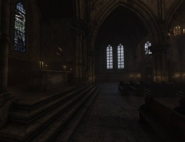 Eski boş bir gotik kilisenin 3D çizimi