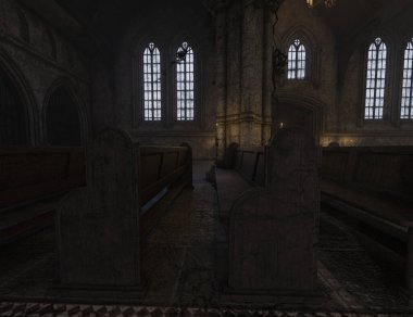 Eski boş bir gotik kilisenin 3D çizimi
