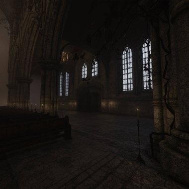 Eski boş bir gotik kilisenin 3D çizimi