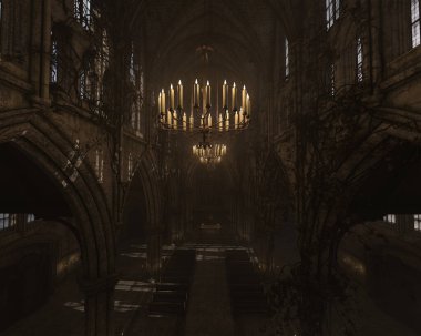 Eski boş bir gotik kilisenin 3D çizimi