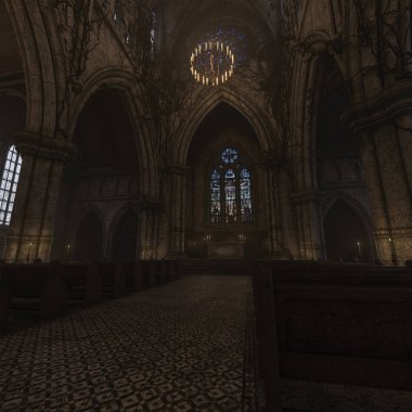 Eski boş bir gotik kilisenin 3D çizimi