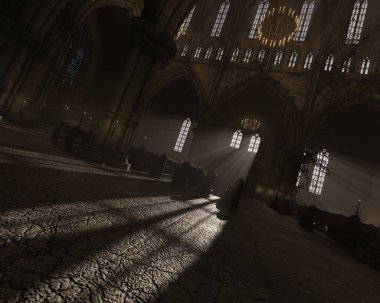 Eski boş bir gotik kilisenin 3D çizimi