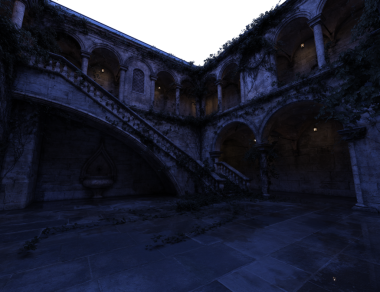 Viktorya döneminden kalma bir malikanenin 3 boyutlu fantezi arka planı ve geceleri avlu koridorları.