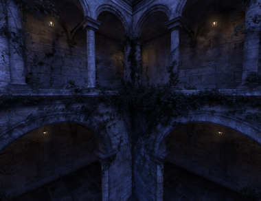 Viktorya döneminden kalma bir malikanenin 3 boyutlu fantezi arka planı ve geceleri avlu koridorları.