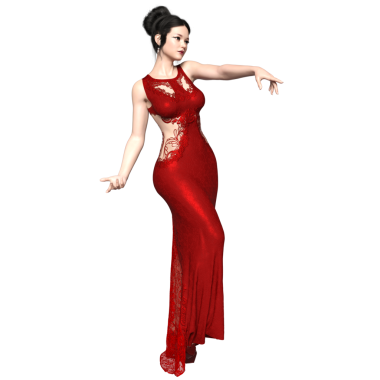 Şeffaf arka planda izole edilmiş kırmızı uzun elbiseli üç boyutlu bir kadın fantezi karakteri.