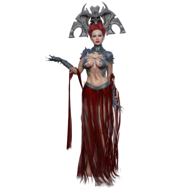 3 boyutlu bir kadın fantezi karakteri, gerçeküstü bir taç ve şeffaf arka planda izole edilmiş bir göğüs zırhı olan bir kraliçe.