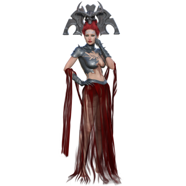 3 boyutlu bir kadın fantezi karakteri, gerçeküstü bir taç ve şeffaf arka planda izole edilmiş bir göğüs zırhı olan bir kraliçe.